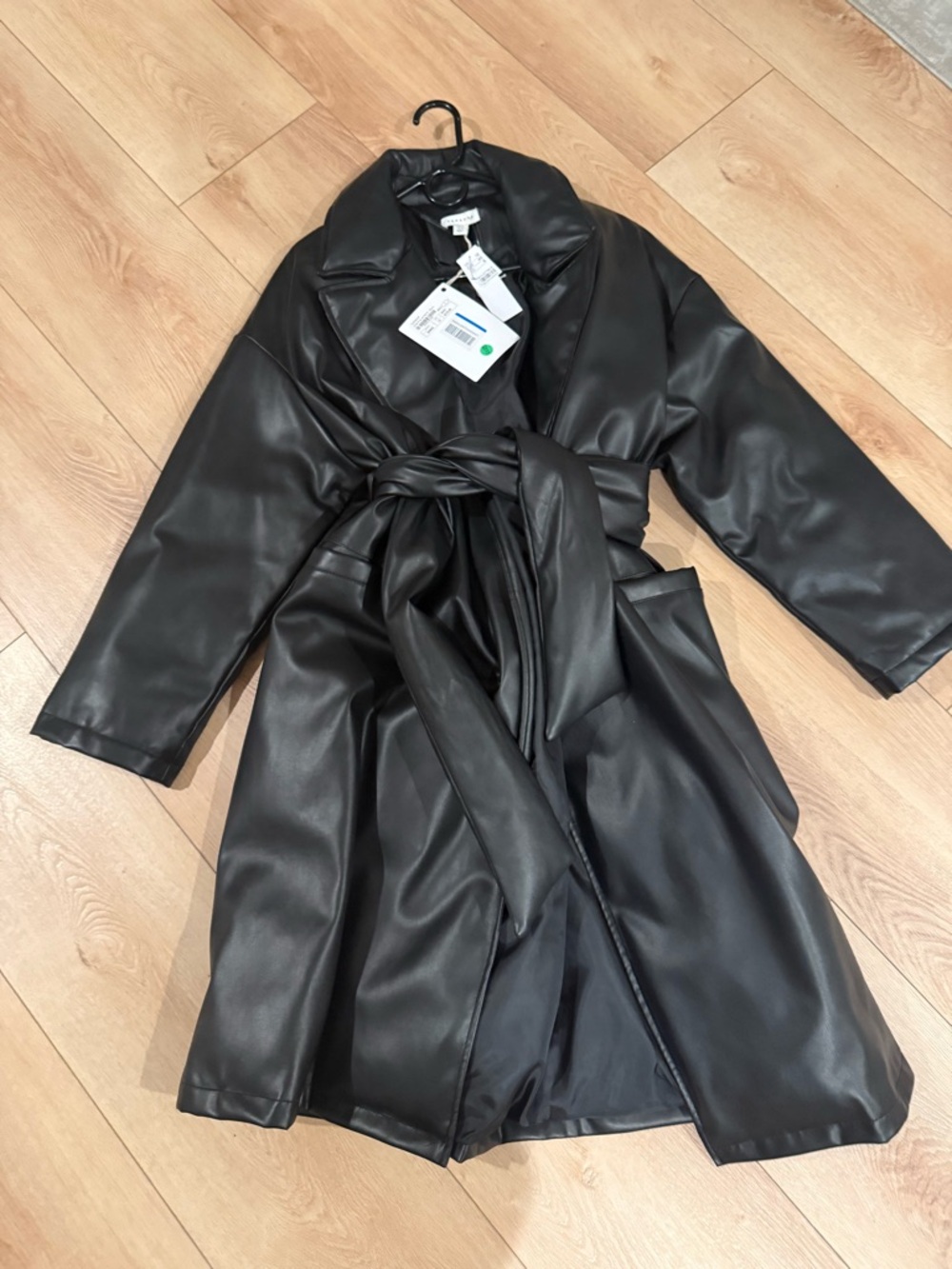 Topshop Black Faux Leather Belted Trench Coat